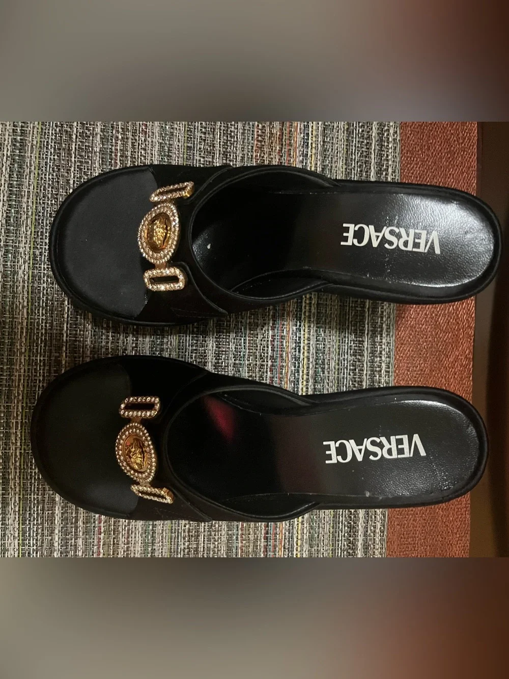 Versace Black Platform Slide Sandals with Gold Medallion Accent - Picture 2 of 8